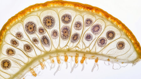 This captivating close-up reveals a detailed view of plant seed development, showcasing intricate cellular patterns and structures, perfect for educational or scientific purposes.の素材