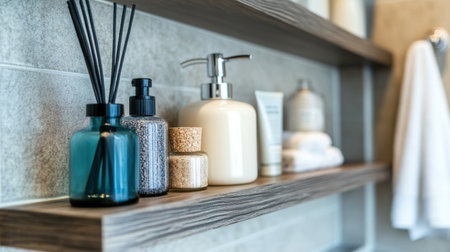 A serene bathroom setting featuring neatly arranged skincare products and aromatherapy bottles, perfect for creating a calming and stylish self-care experience.の素材
