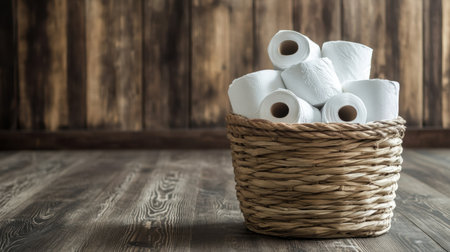 A cozy and functional bathroom scene featuring rolled white paper towels neatly arranged in a woven basket, set against a rustic wooden backdrop, enhancing home organization.の素材
