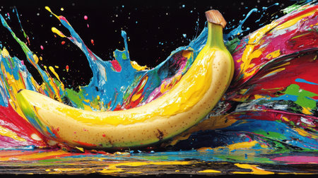 A fresh banana bursts with vibrant colors as it interacts with dynamic paint splashes, creating an eye-catching visual perfect for creative and artistic endeavors.の素材