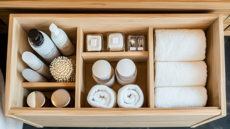 Discover a beautifully organized bathroom storage drawer filled with skincare essentials, fluffy towels, and grooming accessories for a stylish and serene space.の素材