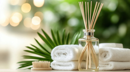 A serene home spa scene featuring a reed diffuser, soft white towels, and natural decor elements that create a calming and inviting atmosphere for relaxation and self-care.の素材