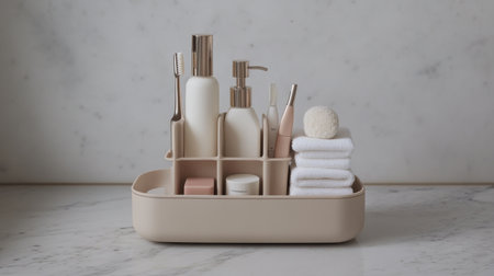 Neatly arranged skincare and grooming products in a beige container on a marble surface. A stylish combination of beauty essentials, towels, and accessories for an organized bathroom look.の素材