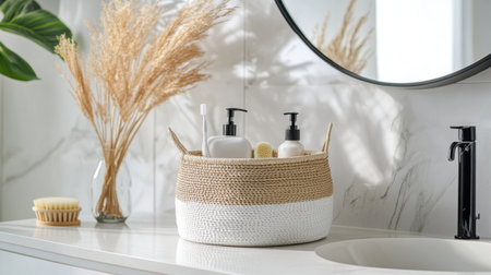 A beautifully arranged bathroom scene showcasing a woven basket filled with skincare products, complemented by natural decor elements and subtle lighting for a tranquil atmosphere.の素材