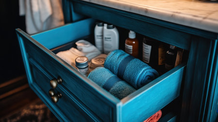 An organized blue bathroom drawer showcases plush towels and stylish toiletries, representing a modern home aesthetic and the importance of cleanliness in daily life.の素材