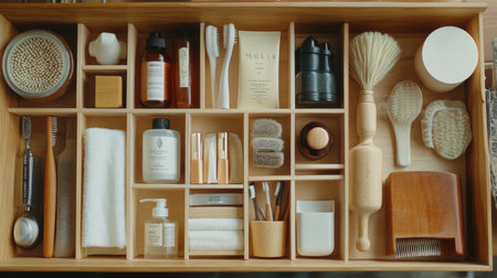 A neat and organized wooden bathroom drawer displays a variety of personal care items and grooming tools, emphasizing minimalism and natural beauty for daily routines.の素材