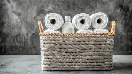 A cozy storage basket filled with rolled towels and a cleaning bottle, perfect for neat organization and enhancing home dの素材