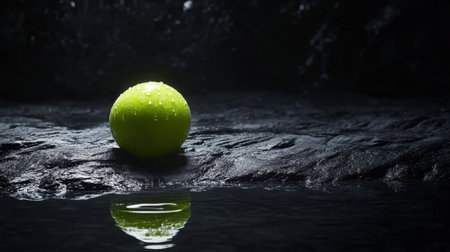 A vibrant green ball sits on a dark, textured surface, reflecting light and water droplets, creating a visually striking and artistic composition in a moody environment.の素材