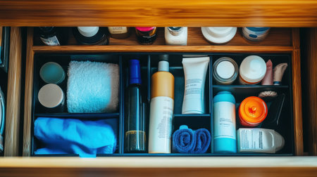 This image showcases a well-organized bathroom drawer featuring a variety of skincare products and towels, perfect for enhancing your personal care routine and promoting cleanliness.の素材