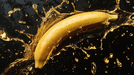 A captivating image of a banana dramatically splashing in golden liquid against a dark background, emphasizing freshness and creativity in food photography. Perfect for culinary projects.の素材