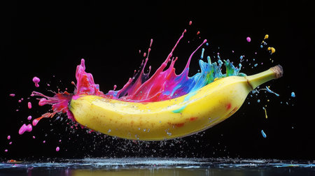 A captivating image showcasing a yellow banana surrounded by a vivid splash of colorful liquid, emphasizing freshness and artistic creativity in a stunning display.の素材