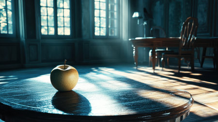 A captivating scene featuring a green apple elegantly placed on a wooden table, with soft light streaming through large windows for a serene and artistic atmosphere.の素材