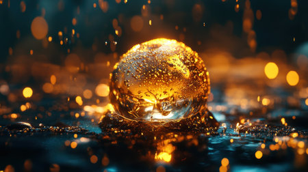 A mesmerizing image of a golden water droplet rising amidst sparkling bubbles and soft luminous lights, creating a magical atmosphere perfect for artistic and nature-themed projects.の素材