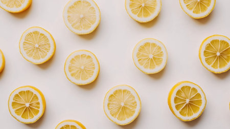 A vibrant arrangement of fresh lemon slices showcases their natural beauty, perfect for themes of health, cuisine, and refreshing recipes in culinary photography.の素材