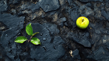 A captivating composition featuring a green apple alongside a fresh leaf on a dark, textured surface. The image captures the essence of nature, showcasing vibrant colors and water droplets.の素材