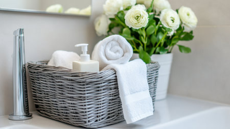 A beautifully arranged bathroom scene with a woven basket holding soft towels, a pump bottle, and elegant white flowers, perfect for promoting relaxation and cleanliness.の素材