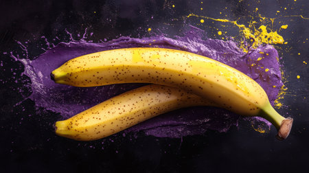 This image features two ripe yellow bananas placed on a vibrant purple and yellow splash background, perfect for modern food photography and creative projects.の素材