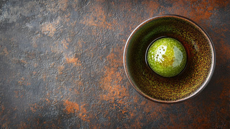 A captivating composition featuring a green sphere in a textured bowl against a rustic backdrop, perfect for design inspiration and artistic exploration.の素材