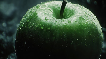 This stunning image showcases a fresh green apple adorned with water droplets, set against a dark background, emphasizing its vibrant color and natural texture for health-themed content.の素材
