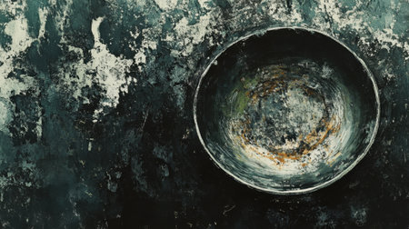 A visually striking abstract image of a dirty bowl resting on a textured dark surface, evoking emotions of simplicity and nostalgia in a captivating artistic composition.の素材