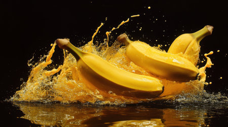 A dynamic image of three fresh bananas splashing into water, creating a vivid display of yellow and orange against a dark background, emphasizing health and freshness.の素材