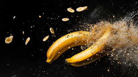 A dynamic image of fresh bananas contrasted against a black background, showcasing a moment of explosion with flour and slices, perfect for illustrating vibrancy and movement in culinary art.の素材