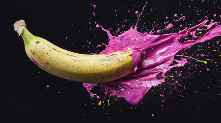 A striking composition of a banana bursting through bright pink paint, showcasing motion and creativity in food photography, ideal for vibrant design projects.の素材