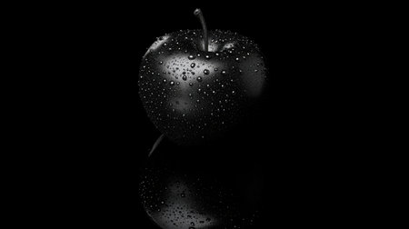 This striking image features a black apple adorned with water droplets, beautifully reflecting on a smooth surface, ideal for adding a touch of elegance to any creative project.の素材