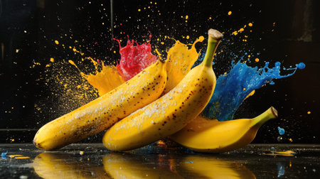 Fresh bananas with vibrant splashes of yellow, blue, and red paint create a dynamic and colorful scene, highlighting juicy textures and artistic flourishes perfect for various creative projects.の素材