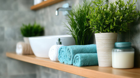 A stylish bathroom setup showcasing colorful towels and decorative plants on a wooden shelf, creating a serene and inviting atmosphere for relaxation and wellness.の素材
