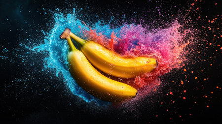 Stunning image of fresh yellow bananas with dramatic colorful splashes of water against a dark background, perfect for culinary themes, health concepts, or beverage promotions.の素材
