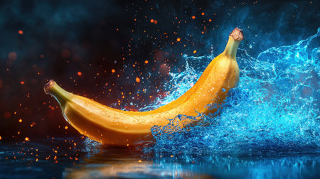 A stunning image of a banana splashing in bright blue water, highlighting the freshness and vibrancy of the fruit, ideal for culinary themes and health-focused visuals.の素材
