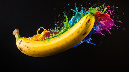 A striking image of a banana surrounded by splashes of vibrant colors against a dark backdrop, showcasing a playful and dynamic composition ideal for creative projects.の素材