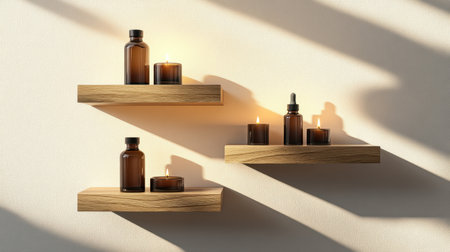 A serene arrangement of elegant glass bottles and candles on rustic wooden shelves, casting soft shadows, perfect for enhancing any minimalist home decor or tranquil atmosphere.の素材