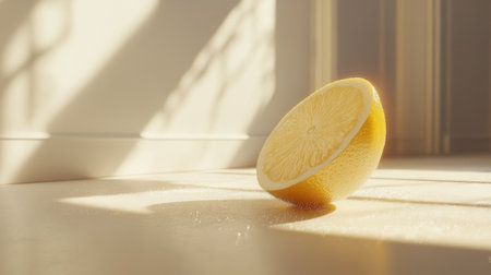 A vibrant lemon slice rests gracefully on a smooth surface, illuminated by soft sunlight, creating a fresh and inviting scene ideal for culinary and healthy lifestyle visuals.の素材
