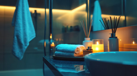 A tranquil modern bathroom scene featuring soft lighting, neatly stacked towels, glowing candles, and elegant aroma diffusers, evoking a soothing ambiance for relaxation.の素材