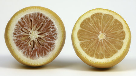 Explore the captivating interior of a unique citrus fruit, featuring contrasting colors and textures, perfect for health-focused meals or artistic presentations.の素材