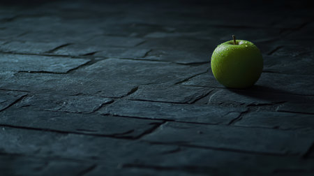 A striking green apple adorned with dewdrops sits atop a dark slate surface, embodying freshness and simplicity, perfect for healthy lifestyle concepts and still life photography.の素材