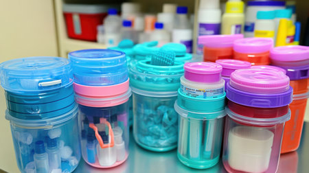 A vibrant collection of plastic containers and jars designed for efficient organization of laboratory supplies, showcasing a clean and functional workspace ideal for scientific research.の素材
