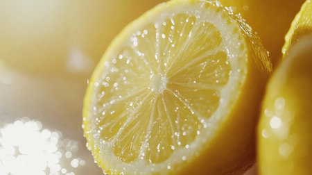 Vibrant closeup of freshly sliced lemon showcasing glistening water droplets. Ideal for culinary themes, refreshing beverages, and health-focused recipes in stock photography.の素材