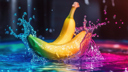 A captivating image of yellow bananas splashing in water, showcasing vibrant colors and dynamic motion, perfect for themes of freshness, energy, and creativity in food photography.の素材