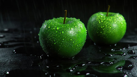 Vibrant green apples adorned with droplets of water sit on a dark surface, showcasing their fresh and juicy appeal, perfect for highlighting healthy culinary choices.の素材