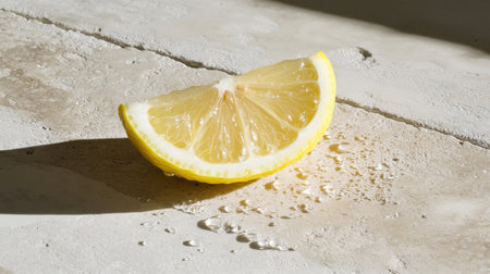 A vibrant slice of lemon showcases its juicy interior and fresh appeal on a light stone surface. Ideal for culinary or lifestyle projects reflecting health and vibrancy.の素材