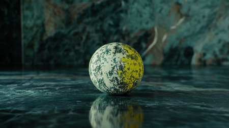 A captivating close-up image of a textured sphere displaying green and yellow hues, set on a polished marble surface, highlighting artistic flair and natural beauty.の素材