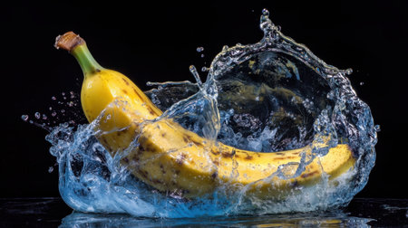 A vibrant banana surrounded by a dynamic splash of water, captured against a black background, highlighting its freshness and nutritional appeal for health-focused visuals.の素材