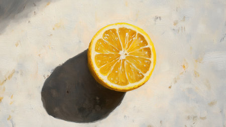 A vibrant lemon slice rests on a light surface, casting a delicate shadow. The bright color and texture highlight its freshness, perfect for culinary and health-related themes.の素材