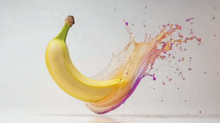 A vibrant yellow banana hovers high above a colorful splash of water, creating a dynamic scene perfect for food and nutrition themes in photography.の素材