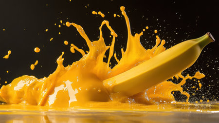 A striking image of a banana emerging from a vibrant yellow paint splash, creating a dynamic, energetic composition. The contrasting dark background enhances the visual impact.の素材