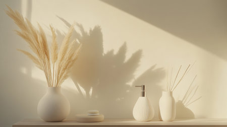 A serene minimalist decor scene showcasing pampas grass in elegant vases, with soft shadows enhancing the peaceful atmosphere of a sunlit room. Perfect for inspiration.の素材