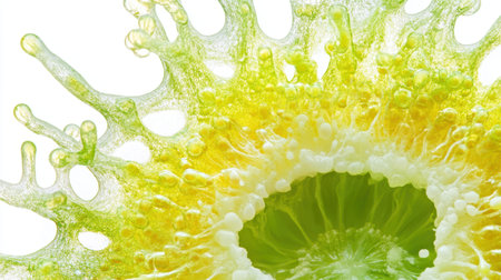 Captivating close-up of a yellow and green liquid splash, showcasing unique textures and vibrant colors against a clean white background, evoking energy and freshness.の素材